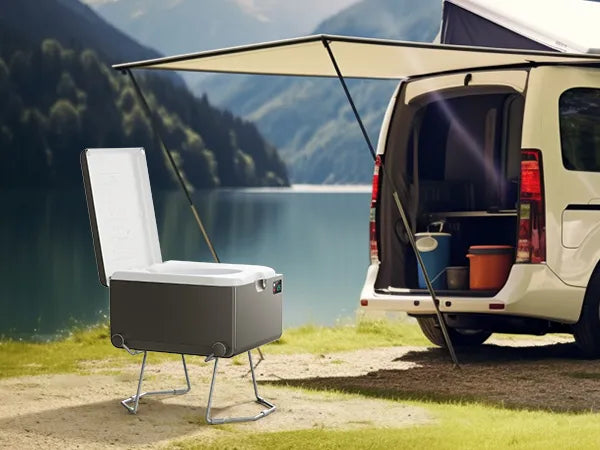 car camping outdoor with portable toilet behind the car