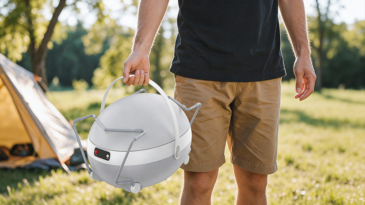 Egg-shaped compact body design of LE-330 toilet for balanced hand-carry mobility