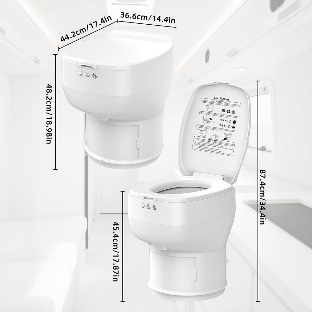 Dimensions of the Modiwell R1808 dry-flush RV toilet