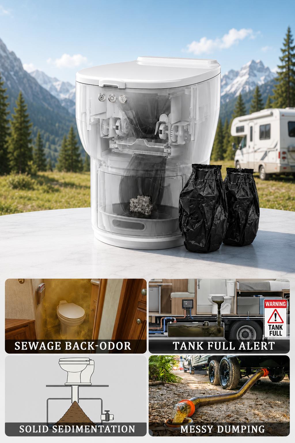 Omni-compact RV Dry-Flush Toilet Solution - Solving sewage back-odor, tank full alert, solid sedimentation, and messy dumping.